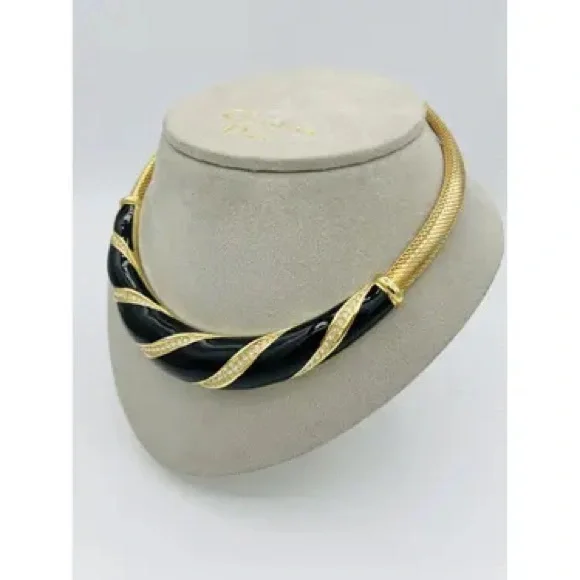 Vintage Dior Necklace Bold Black Enamel Rhinestone Designer Piece - Picture 7 of 14